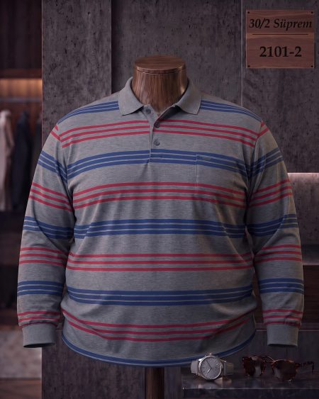 30/2 Süprem Ringel Cepli Polo Yaka Uzun Kollu Tişört (Battal) — 2101-2