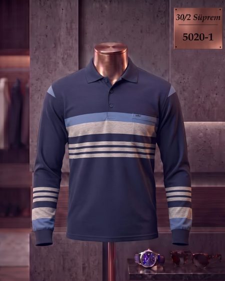 30/2 Süprem Ringel Cepli Polo Yaka Uzun Kollu Tişört — 5020-1