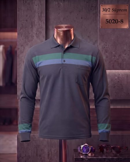 30/2 Süprem Ringel Cepli Polo Yaka Uzun Kollu Tişört — 5020-8