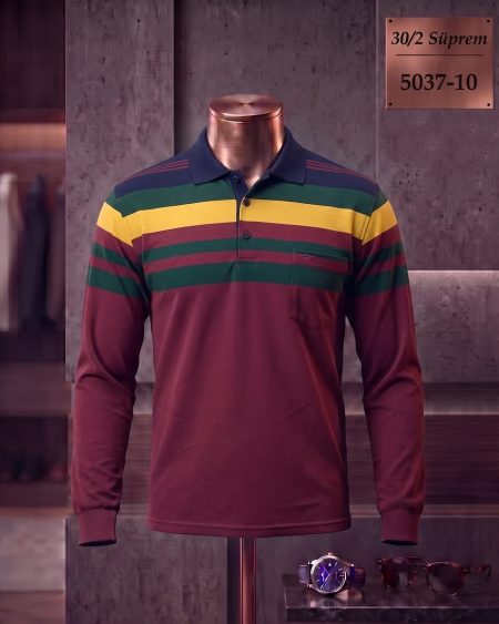 30/2 Süprem Ringel Cepli Polo Yaka Uzun Kollu Tişört — 5037-10