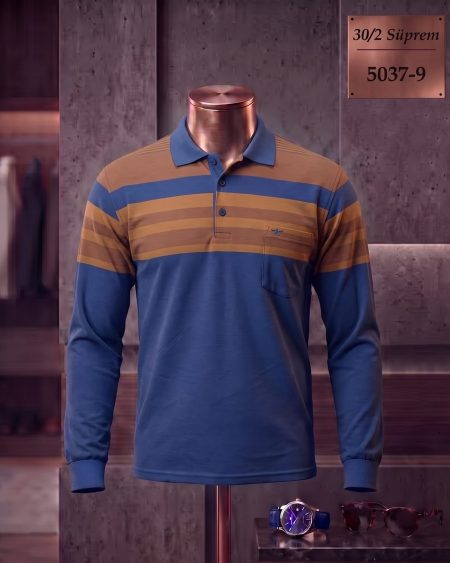 30/2 Süprem Ringel Cepli Polo Yaka Uzun Kollu Tişört — 5037-9