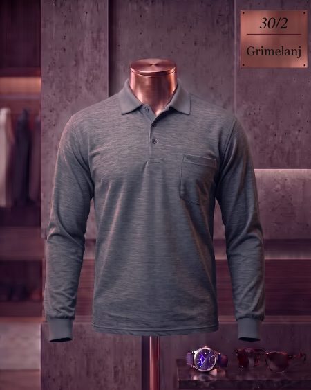 30/2 Süprem Düz Cepli Polo Yaka Uzun Kollu Tişört — Gri Melanj