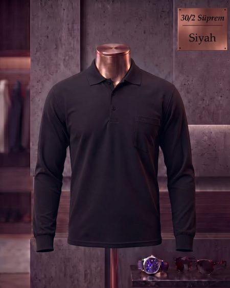 30/2 Süprem Düz Cepli Polo Yaka Uzun Kollu Tişört — Siyah