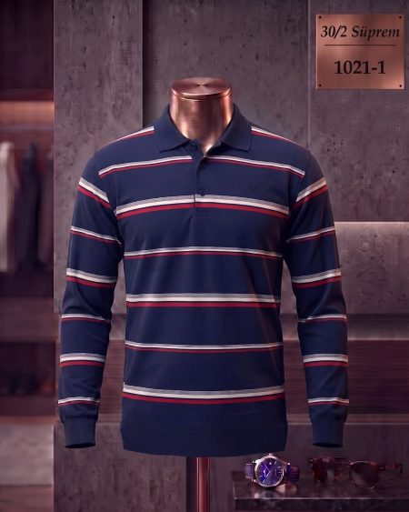 30/2 Single Jersey Striped Long Sleeve Polo Shirt — 1021-1