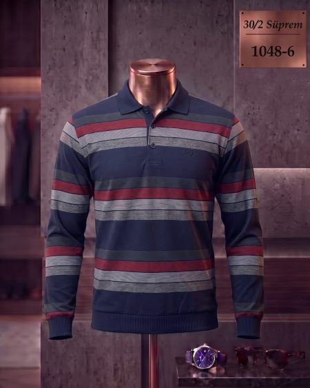 30/2 Süprem Ringel Polo Yaka Uzun Kollu Tişört — 1048-6