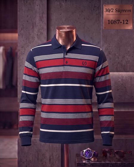 30/2 Süprem Ringel Polo Yaka Uzun Kollu Tişört — 1087-12