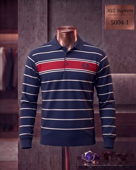 30/2 Süprem Ringel Polo Yaka Uzun Kollu Tişört — 5004-1
