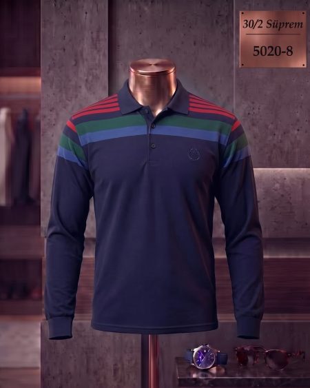 30/2 Süprem Ringel Polo Yaka Uzun Kollu Tişört — 5020-8