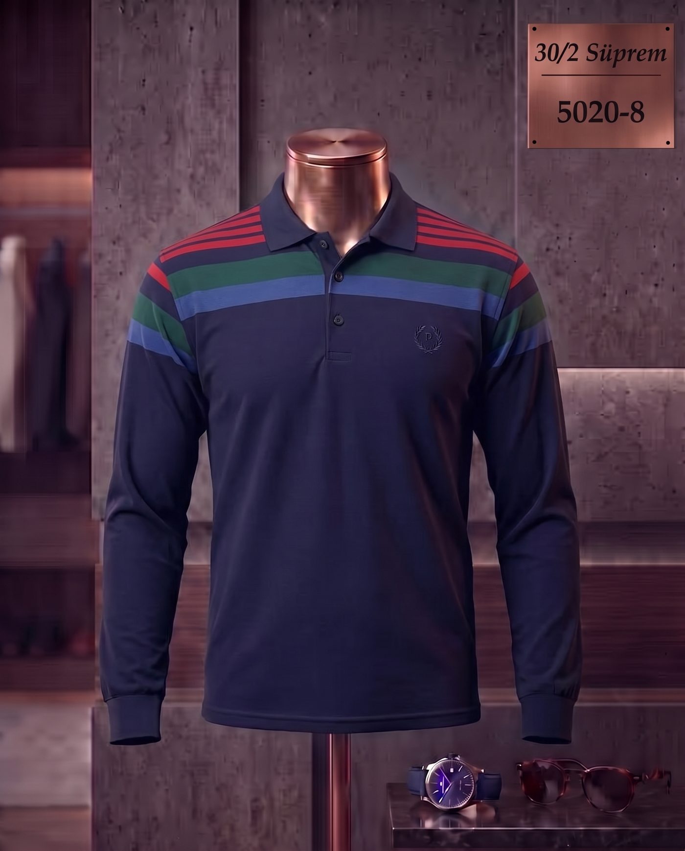 30/2 Süprem Ringel Polo Yaka Uzun Kollu Tişört — 5020-8