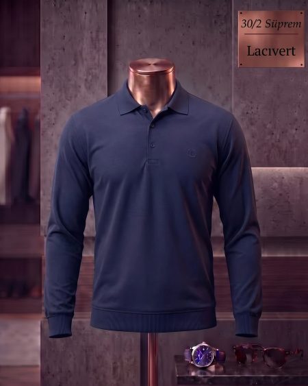 30/2 Süprem Düz Polo Yaka Uzun Kollu Tişört — Lacivert