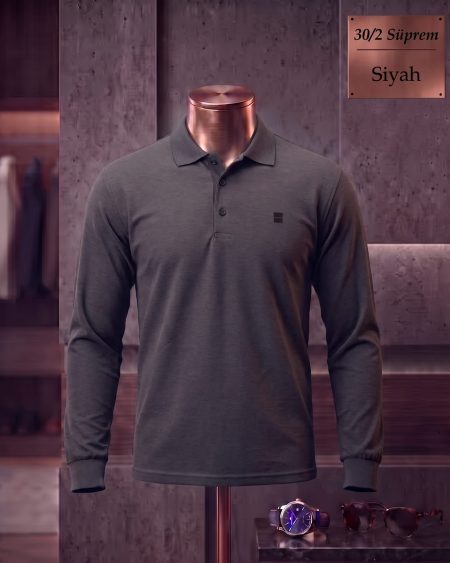 30/2 Süprem Düz Polo Yaka Uzun Kollu Tişört — Siyah