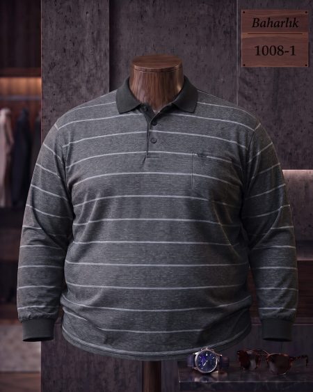 Mid-Season Striped Long Sleeve Polo Shirt with Pocket (Plus Size) — 1008-1