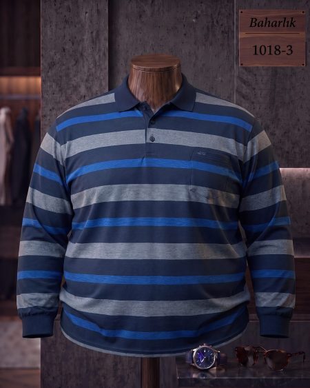 Mid-Season Striped Long Sleeve Polo Shirt with Pocket (Plus Size) — 1018-3