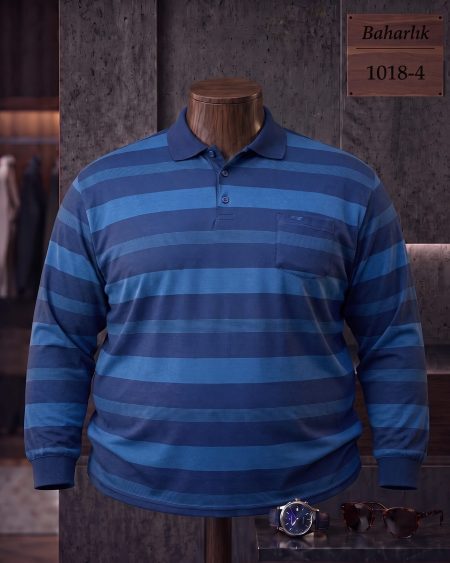 Mid-Season Striped Long Sleeve Polo Shirt with Pocket (Plus Size) — 1018-4