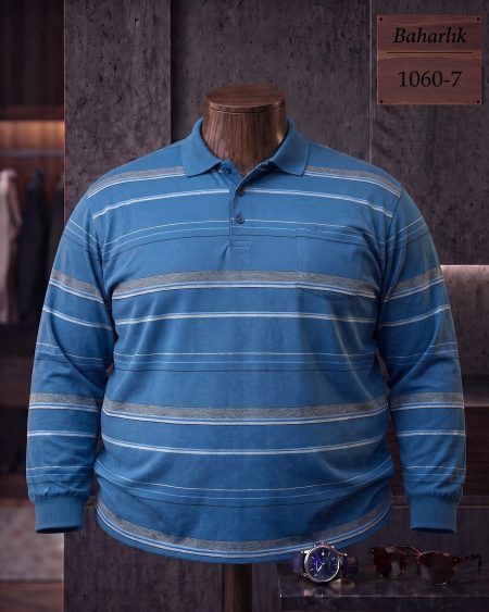 Mid-Season Striped Long Sleeve Polo Shirt with Pocket (Plus Size) — 1060-7