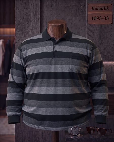 Baharlık Ringel Cepli Polo Yaka Uzun Kollu Tişört (Battal) — 1093-33
