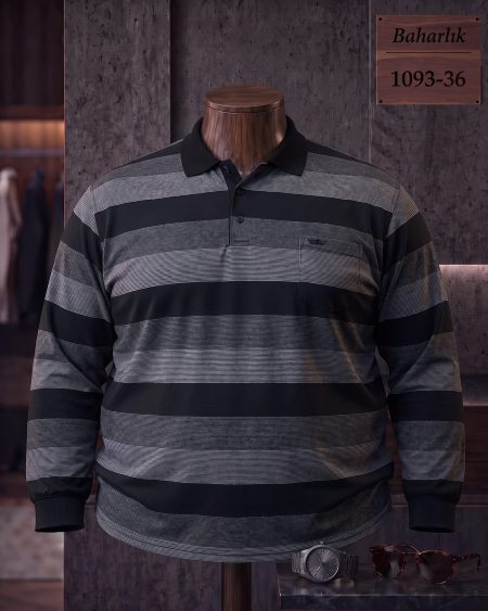 Baharlık Ringel Cepli Polo Yaka Uzun Kollu Tişört (Battal) — 1093-36