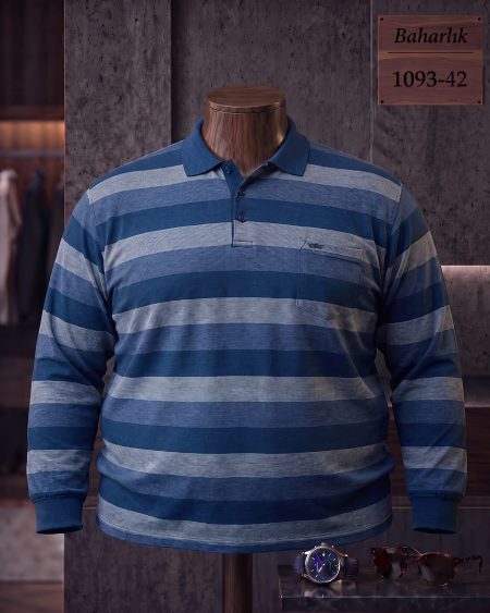 Mid-Season Striped Long Sleeve Polo Shirt with Pocket (Plus Size) — 1093-42