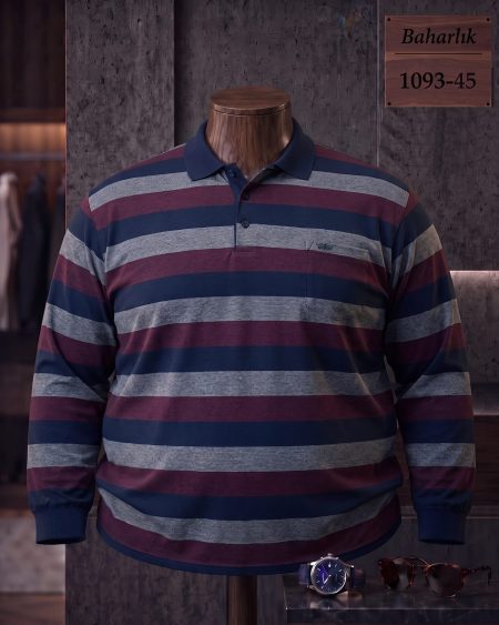 Mid-Season Striped Long Sleeve Polo Shirt with Pocket (Plus Size) — 1093-45