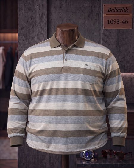 Mid-Season Striped Long Sleeve Polo Shirt with Pocket (Plus Size) — 1093-46