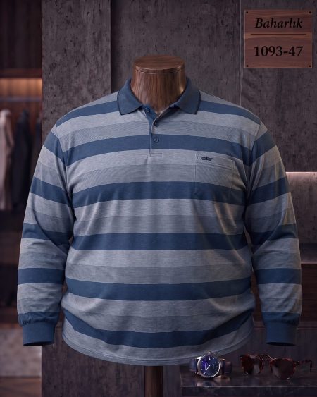 Baharlık Ringel Cepli Polo Yaka Uzun Kollu Tişört (Battal) — 1093-47