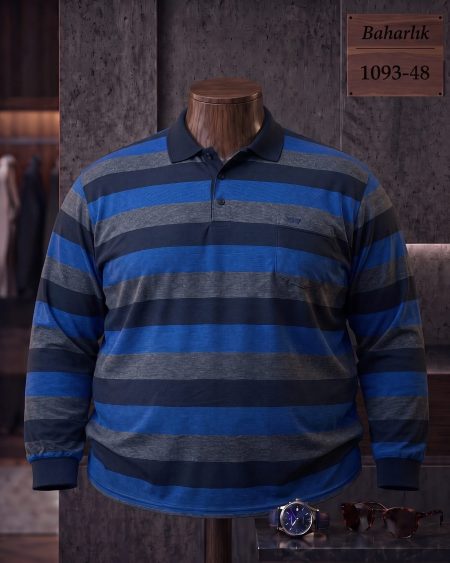 Mid-Season Striped Long Sleeve Polo Shirt with Pocket (Plus Size) — 1093-48