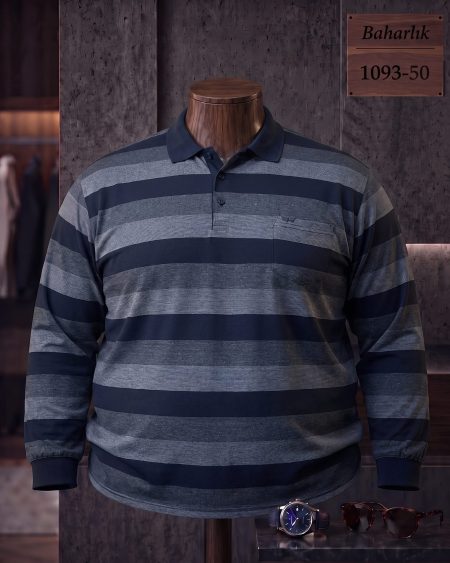Baharlık Ringel Cepli Polo Yaka Uzun Kollu Tişört (Battal) — 1093-50