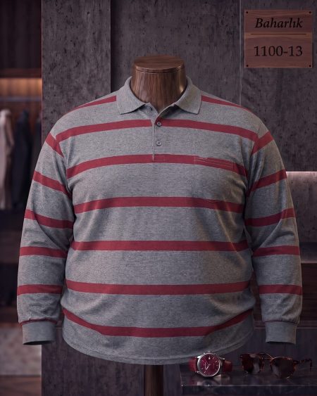 Baharlık Ringel Cepli Polo Yaka Uzun Kollu Tişört (Battal) — 1100-13