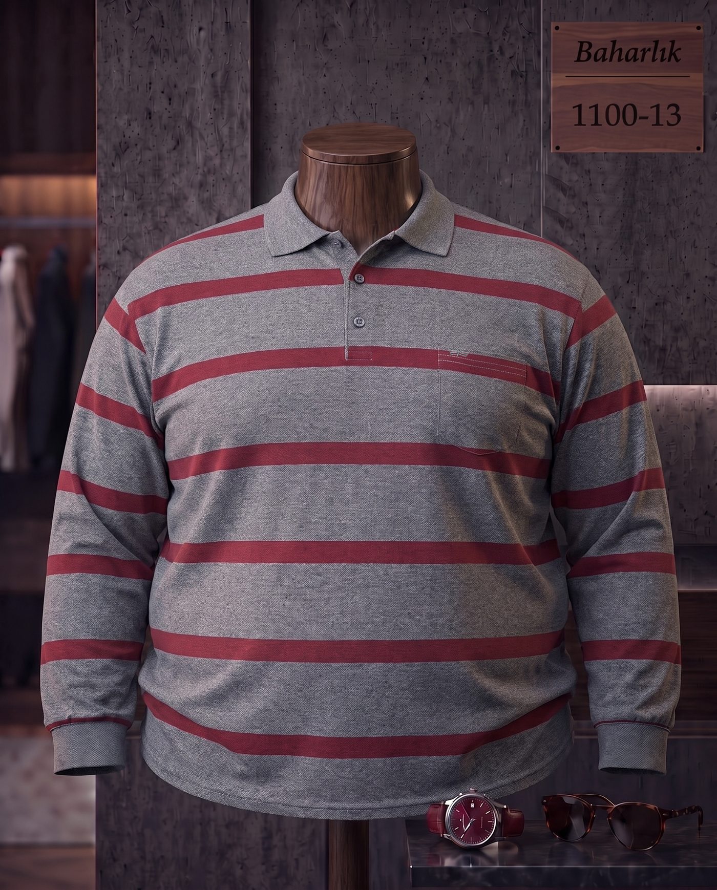Baharlık Ringel Cepli Polo Yaka Uzun Kollu Tişört (Battal) — 1100-13