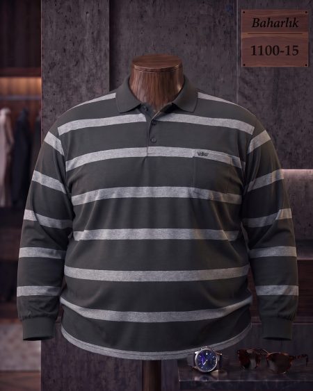 Baharlık Ringel Cepli Polo Yaka Uzun Kollu Tişört (Battal) — 1100-15