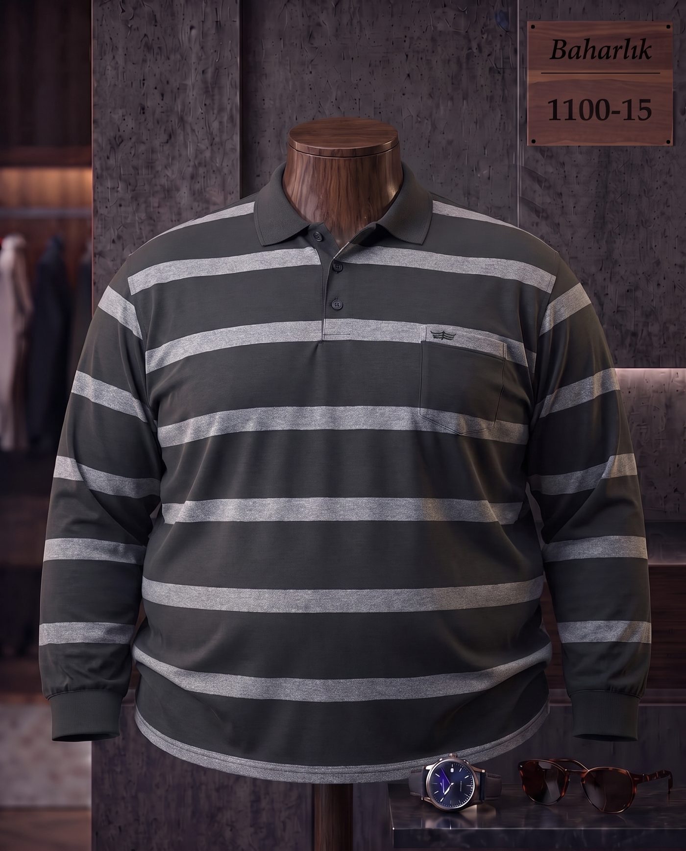 Baharlık Ringel Cepli Polo Yaka Uzun Kollu Tişört (Battal) — 1100-15