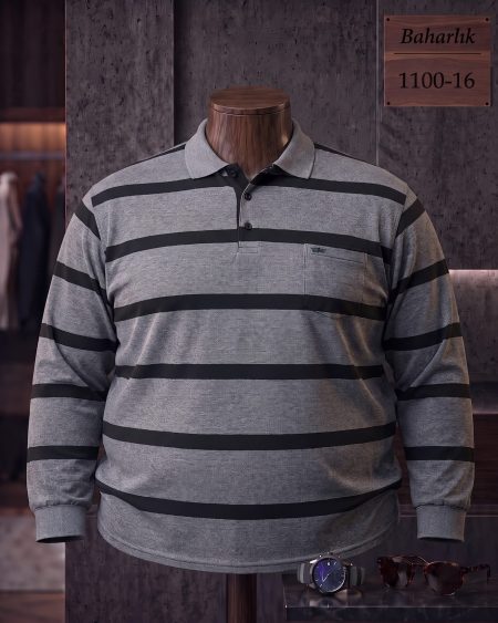 Baharlık Ringel Cepli Polo Yaka Uzun Kollu Tişört (Battal) — 1100-16