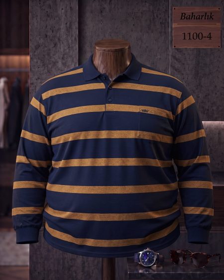 Baharlık Ringel Cepli Polo Yaka Uzun Kollu Tişört (Battal) — 1100-4