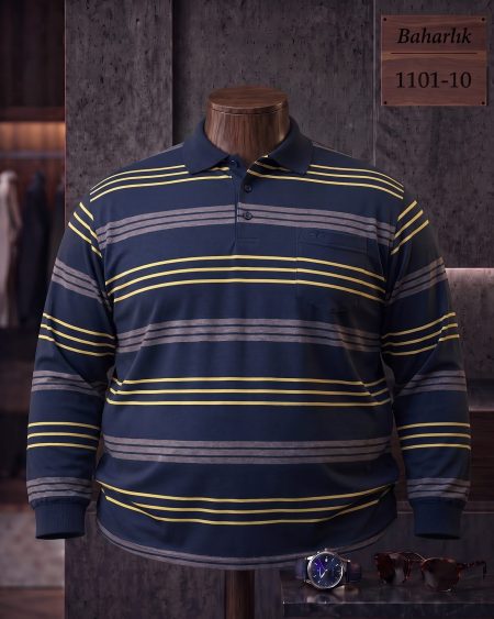 Mid-Season Striped Long Sleeve Polo Shirt with Pocket (Plus Size) — 1101-10