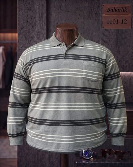 Mid-Season Striped Long Sleeve Polo Shirt with Pocket (Plus Size) — 1101-12