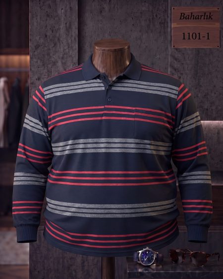 Baharlık Ringel Cepli Polo Yaka Uzun Kollu Tişört (Battal) — 1101-1