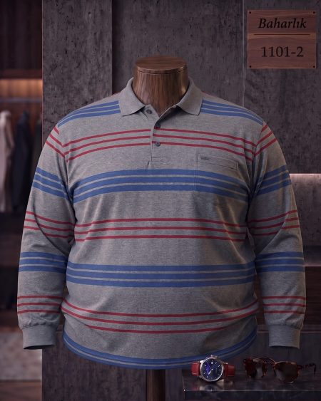 Baharlık Ringel Cepli Polo Yaka Uzun Kollu Tişört (Battal) — 1101-2