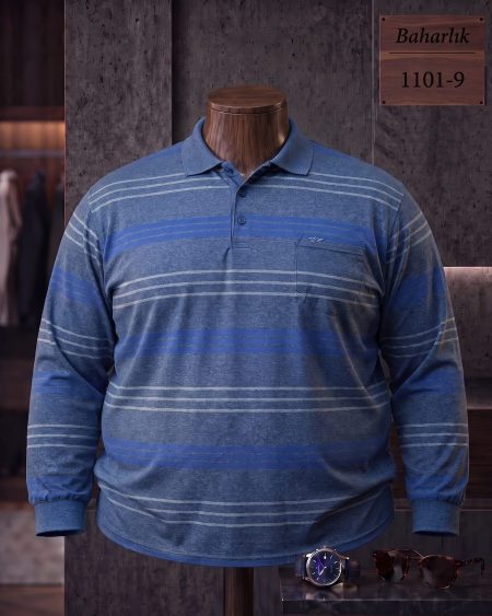 Mid-Season Striped Long Sleeve Polo Shirt with Pocket (Plus Size) — 1101-9