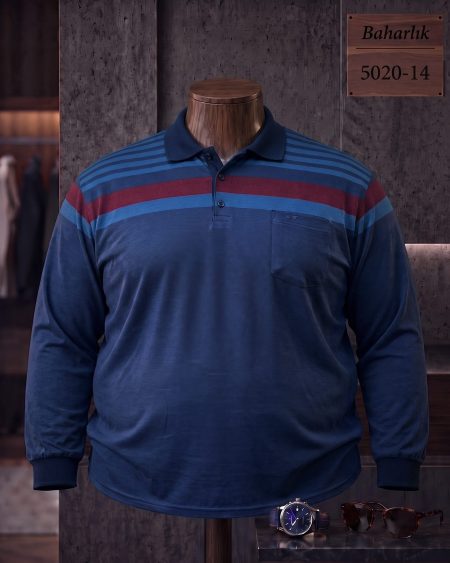 Mid-Season Striped Long Sleeve Polo Shirt with Pocket (Plus Size) — 5020-14