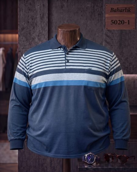 Baharlık Ringel Cepli Polo Yaka Uzun Kollu Tişört (Battal) — 5020-1