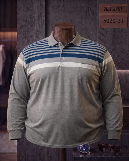 Baharlık Ringel Cepli Polo Yaka Uzun Kollu Tişört (Battal) — 5020-31