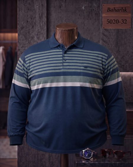 Mid-Season Striped Long Sleeve Polo Shirt with Pocket (Plus Size) — 5020-32