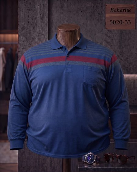 Mid-Season Striped Long Sleeve Polo Shirt with Pocket (Plus Size) — 5020-33