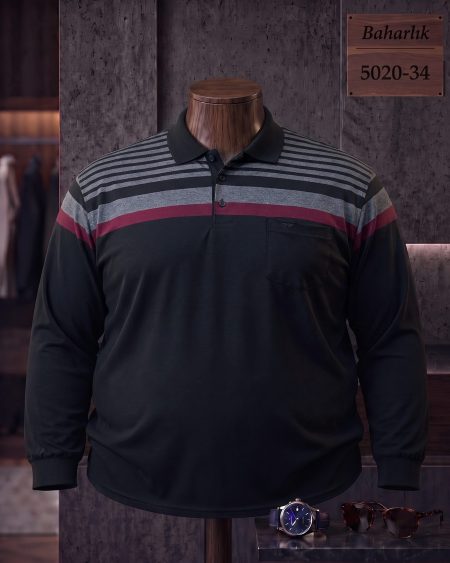 Mid-Season Striped Long Sleeve Polo Shirt with Pocket (Plus Size) — 5020-34