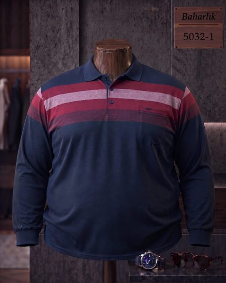 Baharlık Ringel Cepli Polo Yaka Uzun Kollu Tişört (Battal) — 5032-1