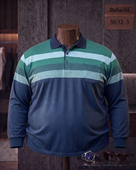 Mid-Season Striped Long Sleeve Polo Shirt with Pocket (Plus Size) — 5032-3