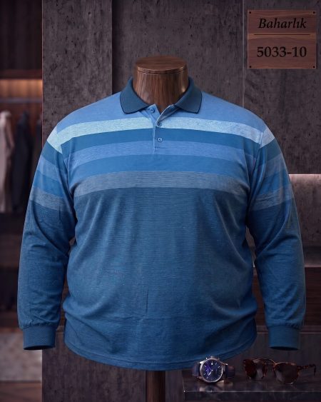Mid-Season Striped Long Sleeve Polo Shirt with Pocket (Plus Size) — 5033-10