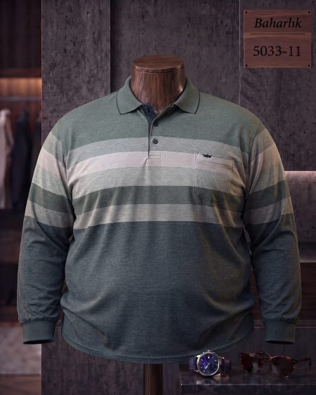 Mid-Season Striped Long Sleeve Polo Shirt with Pocket (Plus Size) — 5033-11