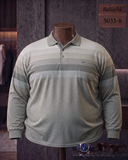 Baharlık Ringel Cepli Polo Yaka Uzun Kollu Tişört (Battal) — 5033-8