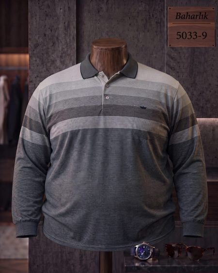 Mid-Season Striped Long Sleeve Polo Shirt with Pocket (Plus Size) — 5033-9